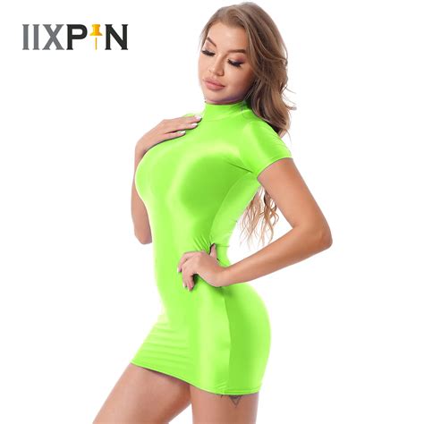 Shiny Sexy Women Bodycon Dress Oil Glossy Smooth Sheer Micro Mini