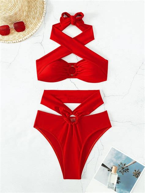 Shein Swim Sxy Mono Bikini Set O Ring Criss Cross Halter Top And High Waisted Bottom 2 Piece