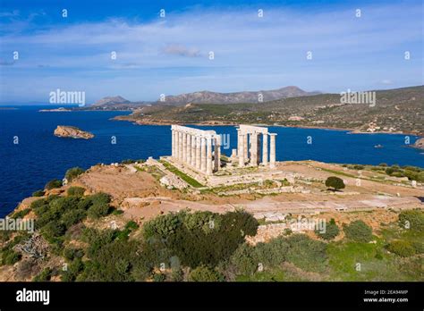 Greece Cape Sounio, Poseidon temple aerial drone view. Archaeological ...