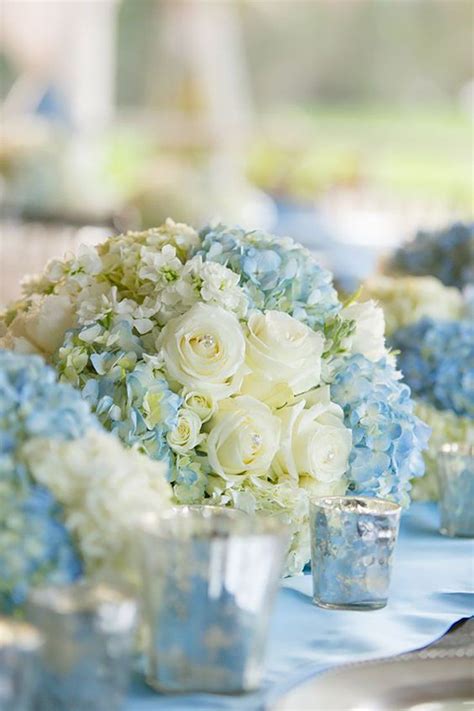 Blue Hydrangea Table Centrepieces And White Roses Hydrangeas Wedding