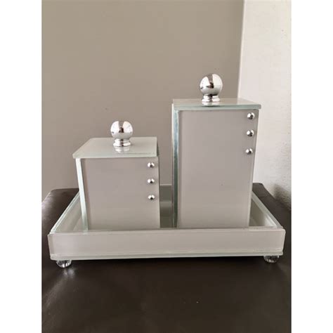 Kit Lavabo Luxo Em Vidro Nude Bandeja Potes Organizadores Tampa Porta Cotonetes