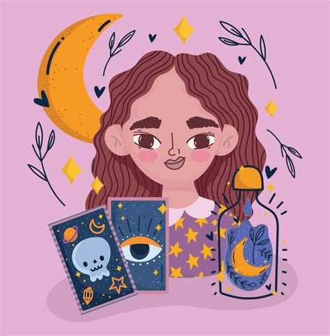 chica mágica con carta de tarot dibujos animados de adivino místico