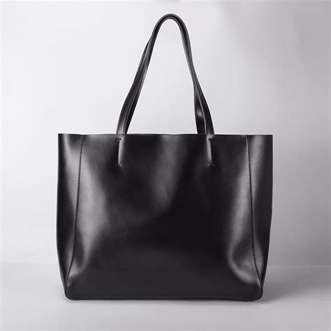 Black Leather Tote Bag Large Shoulder Shopper Bags For Women Black