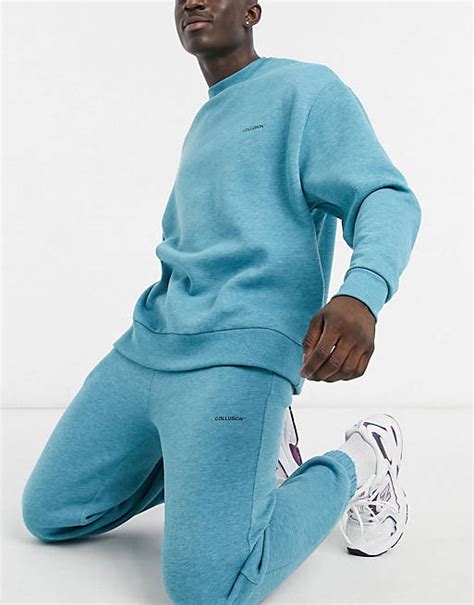 Collusion Ensemble T Shirt Sweat Et Jogger Bleu Chiné Asos