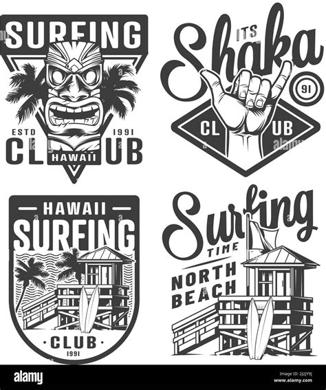 Vintage Surfen Logos Set Mit Tribal Tiki Maske Shaka Hand Sign Surfer