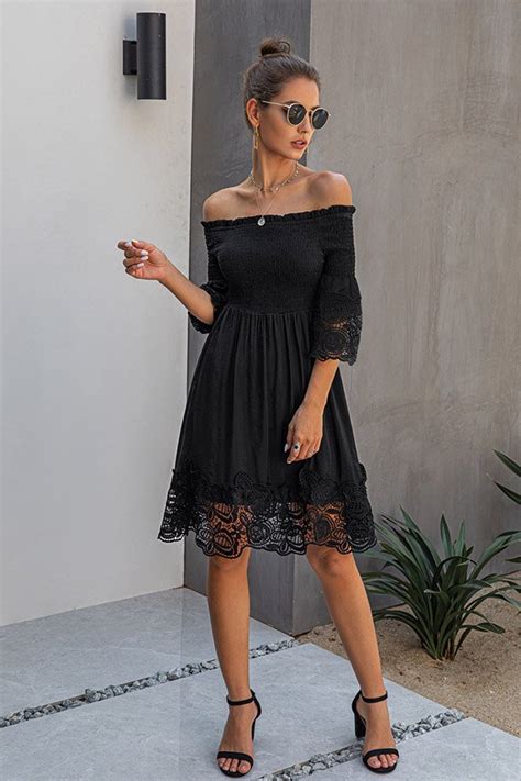 Black Lace Off The Shoulder Dress With Short Sleeve