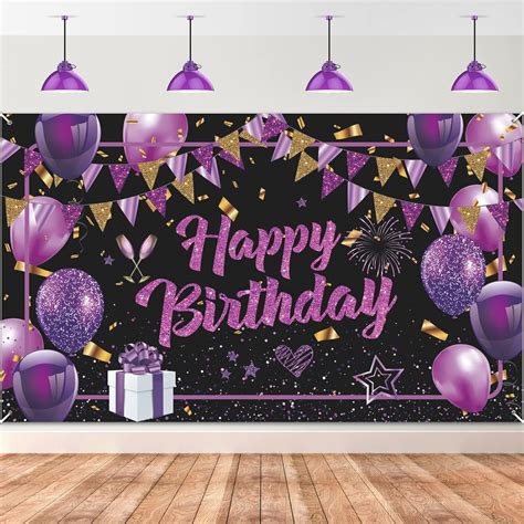 Purple Happy Birthday Banner Purple Black Gold Birthday Party Decorations Large