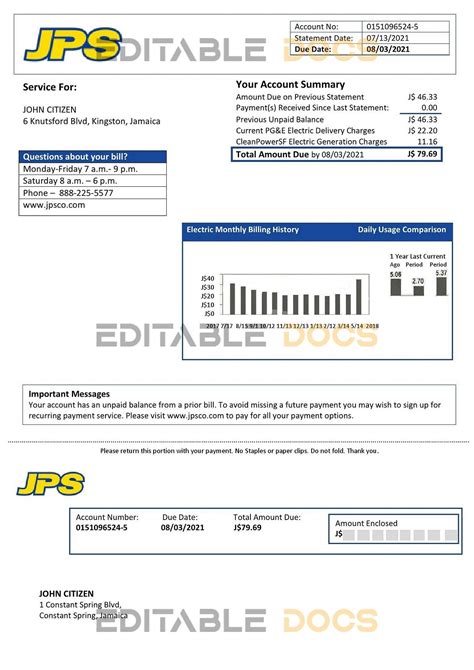 Jamaica Public Service (JPS) electricity utility bill template in Word and PDF format - editable