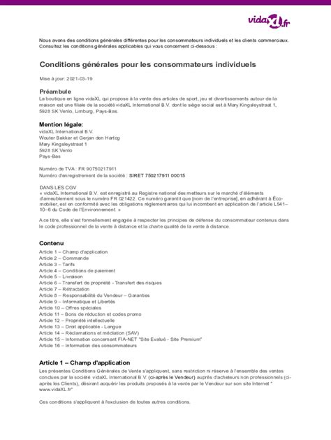 Fillable Online Conditions Gnrales Pour Les Consommateurs Individuels