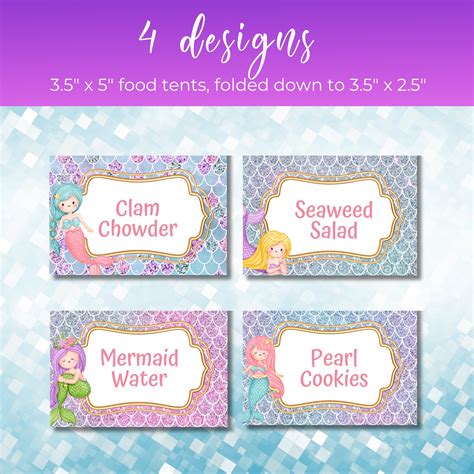 Editable Mermaid Party Food Label Mermaid Blank Food Tent Cards Labels Mermaid Party Food Tents