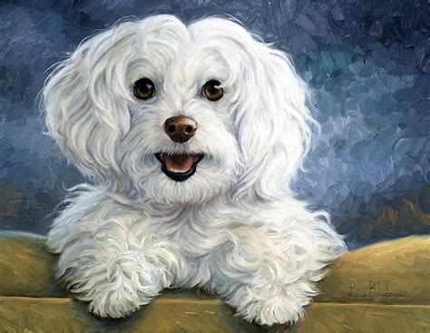 A Painting Of A White Dog Sitting On Top Of A Wooden Bench In Front Of