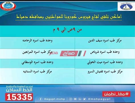 تعرف على اماكن ومواعيد تلقي لقاح كورونا في دمياط اليوم الجمعة موقع