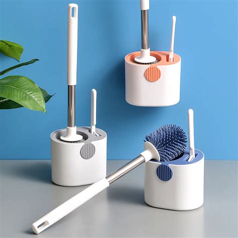 Silicone Toilet Brush With Holder Set Long Handled Round Tpr Cleaner