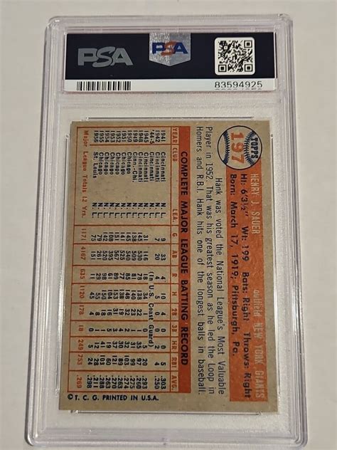 1957 Topps Baseball Card 197 Hank Sauer New York Giants PSA 7 NM NEW