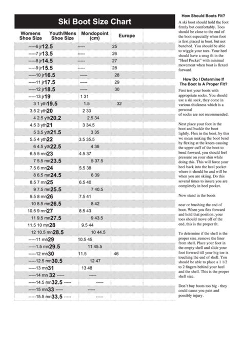 Ski Boot Size Chart printable pdf download