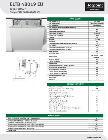 HOTPOINT ARISTON ELTB 4B019 EU Dishwasher Product Data Sheet Manualzz