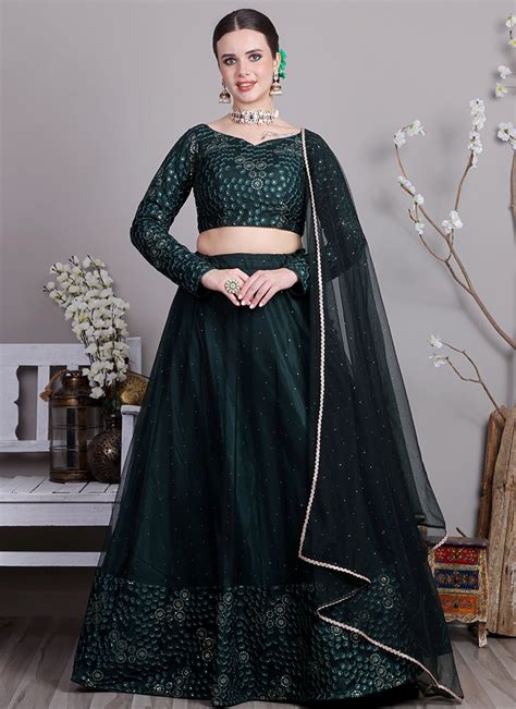 Buy Bottle Green Net Embroidered Lehenga Set Festive Wear Online At