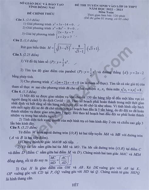 Đáp án đầy đủ đề Thi Vào Lớp 10 Môn Toán Tỉnh Đồng Nai Năm 2022