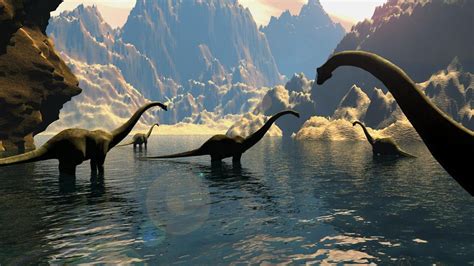 Dinosaurs Are Standing On Water Around Mountain HD Dinosaur Wallpapers | HD Wallpapers | ID #57336