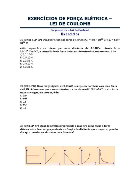 Exercícios Sobre A Lei De Coulomb E A Força Elétrica Entre Cargas Pontuais Pdf Carga