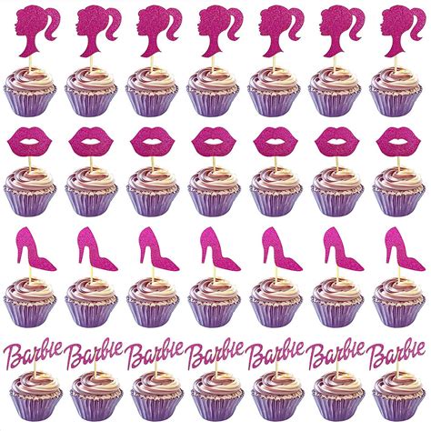 Pcs Glitter Hot Pink Princess Cupcake Toppers Doll Head Lip High Heel Cupcake Topper Cake