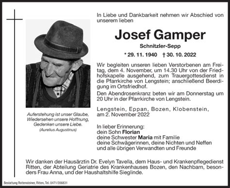 Traueranzeigen Von Josef Gamper Trauer Bz