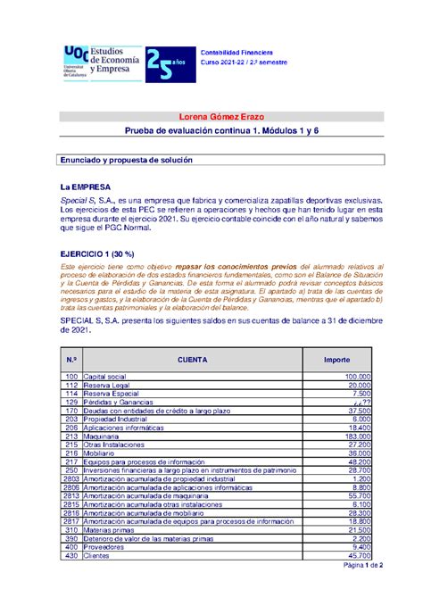 PEC 1 Contabilidad Financiera Contabilidad Financiera Curso 2021 22