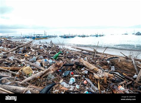 Garbage On Beach Environmental Pollution Bali Island Indonesia