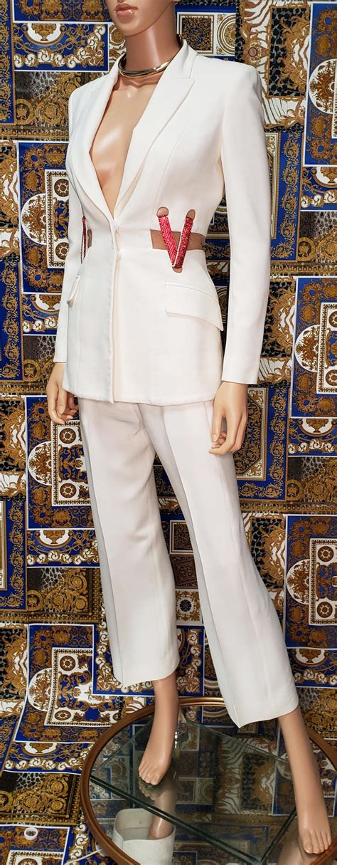 Versace Crystal Embellished White Silk Pant Suit Look 36 Ss 2015