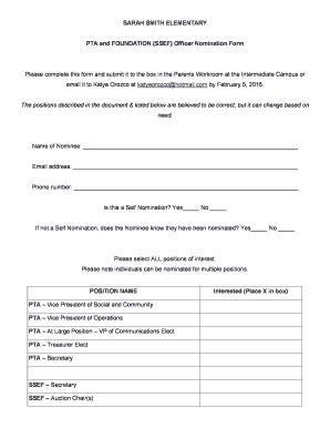 Fillable Online PTA And FOUNDATION SSEF Officer Nomination Form Fax