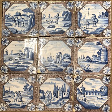 Antique English Delftware Tiles With Manganese Border And Blue Scenic