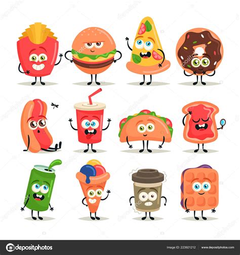 Funny Cartoon Characters Fast Food Vector Set Stock Vector