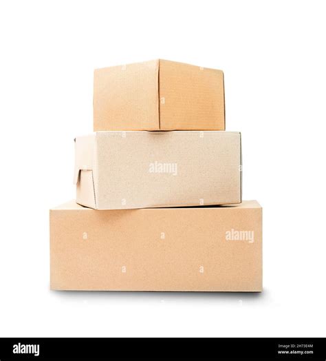 Three Cardboard Boxes In The Stack Stand On Top Of Each Other Isolated