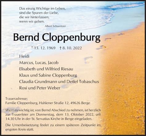 Traueranzeigen Von Bernd Cloppenburg Noz Trauerportal