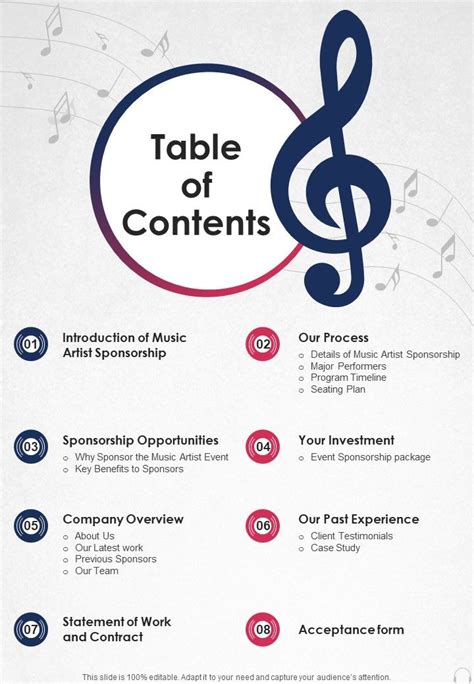 Table Of Contents Music Artist Sponsorship One Pager Sample Example