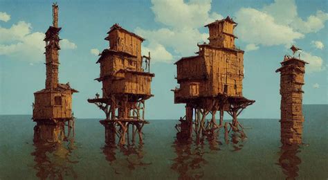 Single Flooded Simple Ancient Wooden Arabian Tower Stable Diffusion