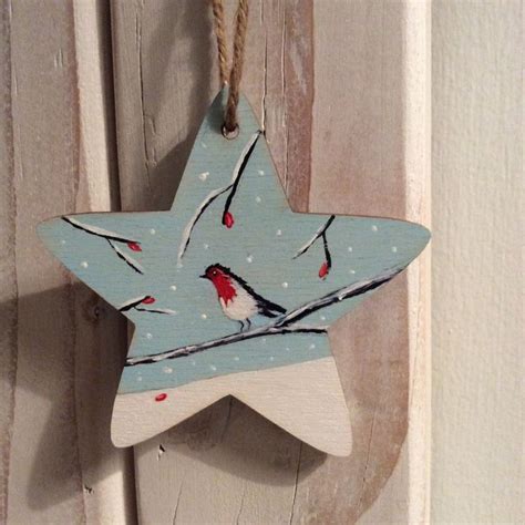 Hand Painted Winter Robin Star Decoration Etsy Uk Star Decorations