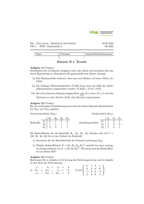 Mathe WIW HTW Klausur 1 B Dr Dipl Math Domenico Schneider 20 FB