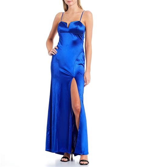 Honey And Rosie Spaghetti Strap Notch Neck Side Slit Cinched Back Stretch Satin Long Dress