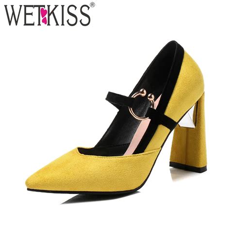 WETKISS Autumn High Heels Women Pumps Flock Pointed Toe Shallow