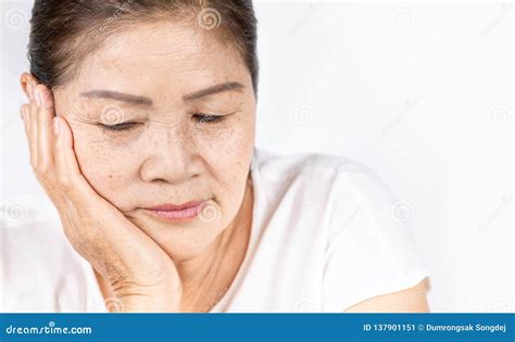 Old Wrinkled Asian Woman Thinking With Copy Space Stock Image Image