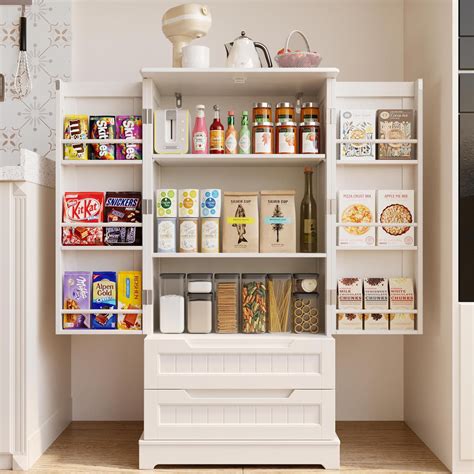 "Lofka White 47"" Pantry Storage Cabinet with Drawers and Shelves ...