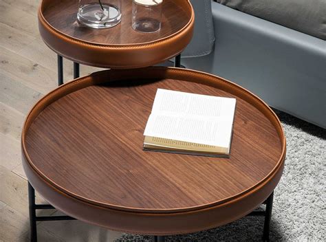 Mesacentro Round Walnut Wood Coffee Table Upholstered In Leather And