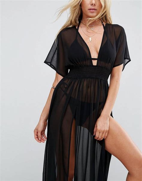 Asos Design Shirred Waist Maxi Chiffon Beach Kaftan Asos Sexy Satin