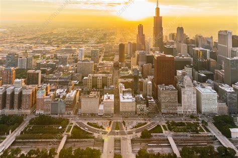 Aerial View Of Chicago Cityscape During Sunset Usa Stock Image