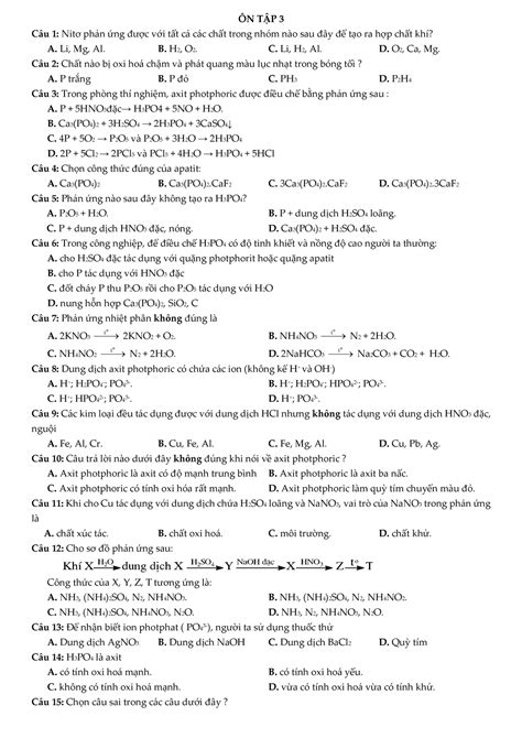 Ôn Tập 3 1234 Ôn TẬp 3 Câu 1 Nitơ Phản ứng được Với Tất Cả Các Chất Trong Nhóm Nào Sau đây