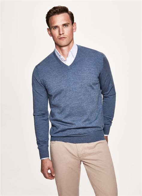 Hackett Merino Wool V Neck Sweater In Blue Haze Modesens Blue Shirt Outfit Men Sweater