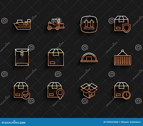 Set Line Ackage Box With Check Mark Location Cardboard Cargo Ship