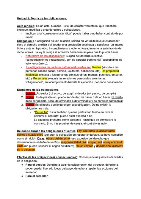 Primer Parcial Obligaciones Y Contratos Unidad Teor A De Las