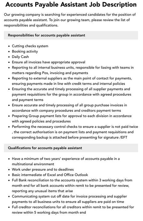 Accounts Payable Assistant Job Description Velvet Jobs